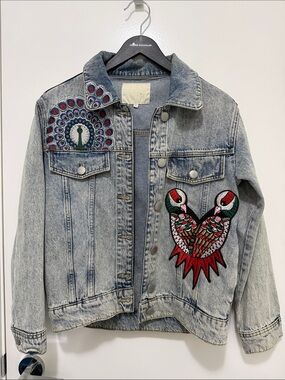 Maje Light Wash Denim Jacket with Multicolor Embroidered Peacock & Birds